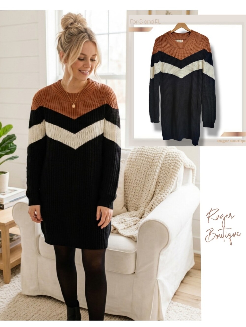 🌿Chic Striped Chevron Knit Sweater Dress- For Girls & Perfect Life,Fits Med-XXL